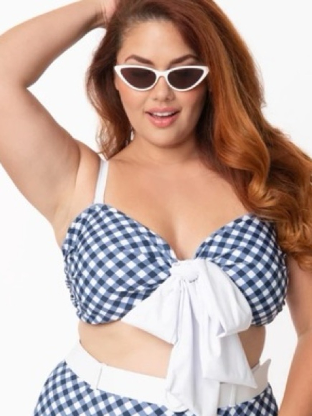 Unique Vintage Navy White Gingham Bow Bikini Top Retro Pinup Large NWT